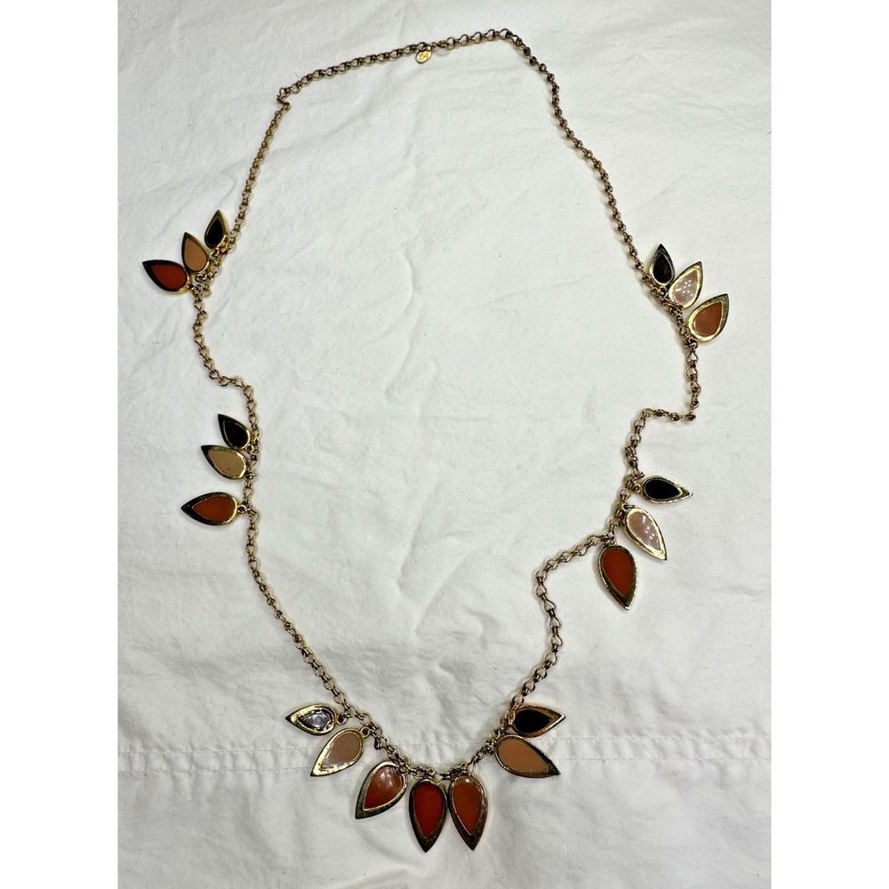 Lanvin Paris Necklace Gold Tone Links Leaf Pear Dangle Honey Brown Long 34‎ in